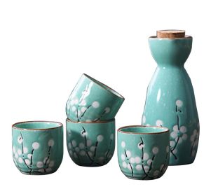 5 Pcs Ceramic Japanese Sake Set, Traditional 1 Tokkuri Bottle & 4 Ochoko Cups