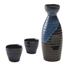 3-Piece Traditional Ceramic Japanese Sake Set, Black Blue