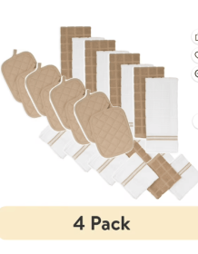 (4 pack) Mainstays Kitchen Towel, Dishcloth, Oven Mitt, and Pot Holder 8 Pack Set, Brown, 100% Cotton