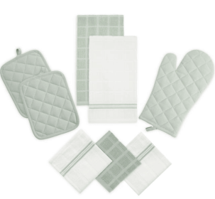 Mainstays Kitchen Towel, Dishcloth, Oven Mitt, and Pot Holder 8 Pack Set, Sage, 100% Cotton