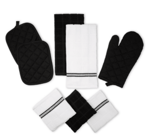 Mainstays Kitchen Towel, Dishcloth, Oven Mitt, and Pot Holder 8 Pack Set, Black, 100% Cotton