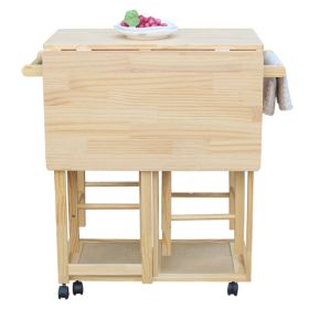 Square Solid Wood Folding Dining Cart with 2 Free Stools, Natural