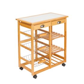 Kitchen & Dining Room Cart 2-Drawer, Removable Storage Rack with Rolling Wheels, Wood Color