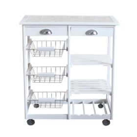 Kitchen & Dining Room Cart, 2-Drawer 3-Basket 3-Shelf Storage Rack with Rolling Wheels, White