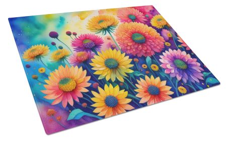Chrysanthemums in Color Glass Cutting Board Decorative Tempered Glass Kitchen Cutting and Serving Board Large Size Chopping Board