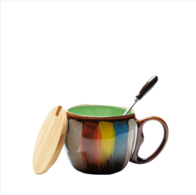 Creative ceramic cup for milk, water, coffee, breakfast with lid & spoon (Color: Green)