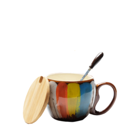 Creative ceramic cup for milk, water, coffee, breakfast with lid & spoon (Color: Yellow)