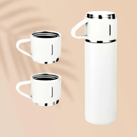 Insulated Vacuum Flask Set -Water Bottle With 3 Cups Gift Set, Thermos For Hot And Cold Drinks - Reusable Stainless Steel Water Bottle (Color: White)