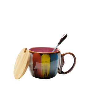 Creative ceramic cup for milk, water, coffee, breakfast with lid & spoon (Color: Pink)