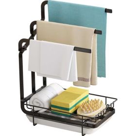 Kitchen Sink Sponge & Towel Rack With Drain Tray, Kitchen Sink Organizer Sponge Brush Soap Pan Metal Shelf (Color: Black)