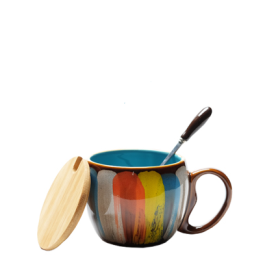 Creative ceramic cup for milk, water, coffee, breakfast with lid & spoon (Color: Blue)
