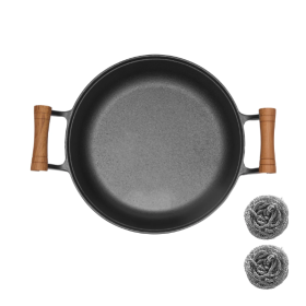 11.8" Cast Iron Skillet with Wooden Handles, Pancake Griddle, Uncoated Pan, Thickened Non-Stick Skillet, Multi-Purpose (Color: Black)
