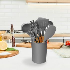 11 Piece Silicone Cooking Tool Set with Holder (Color: Grey)