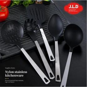 Premium Cooking Utensil Set, 5 Piece - Stainless Steel Handle And Nylon Faucet, Non-Stick, Heat Resistant (Color: Black)