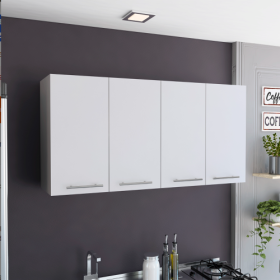 Wall Cabinet with Four Doors, Two Internal Shelves And Internal Plate And Glass Organizer, White (Color: White)