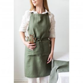 Linen Apron Adjustable Bib Apron With Pockets, Linen (Color: Green)