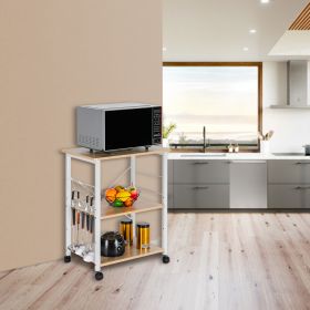 3-tier Cart Microwave with Rack of 10 Hooks, 4 Wheels, X-reinforcement On The Back (Option: Light beige)