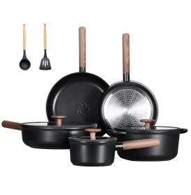 Ceramic Cookware Set 15 Pcs, Healthy Pots And Pans Set Non Stick, Induction Kitchen Cooking Set With Removable Handles, Stackable Pots Pans (Color: Black)
