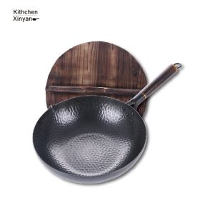 Iron Pan, Traditional Iron Wok Handmade (Option: 32cm wooden cover)