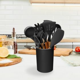 11 Piece Silicone Cooking Tool Set with Holder (Color: Black)