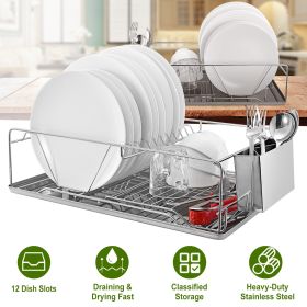 Dish Drying Rack, Stainless Steel with Drainboard, Cutlery Holder, Dish Organizer (Color: Silver)