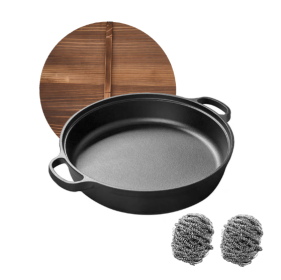 11" Cast Iron Wok With Dual Handles & Wooden Lid, Uncoated Frying Pan For Gas And IH, Thickened Multipurpose, Stir-frying more (Color: Black)