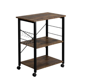 3-story Kitchen Rack with Black Iron Frame, Microwave Rack 10 Hooks 4 Wheels Vintage Color (Option: Vintage Black)