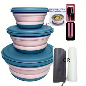 3pcs/set Camping Bowl; Silicone Collapsible Bowl Lunch or Salad Bowl With Lid; Expandable Food Storage Containers Set (Color: Pink)