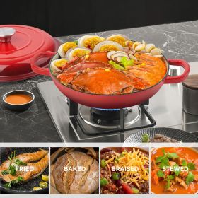 The enamel cast iron/Dutch oven soup pot features a circular shower-style lid design (Color: Red)