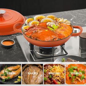 The enamel cast iron/Dutch oven soup pot features a circular shower-style lid design (Color: Orange)